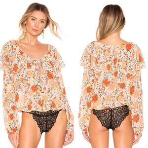 NWT Free People Say It To Me Orange Floral Bodysuit Long Sleeve Ruffle Women S